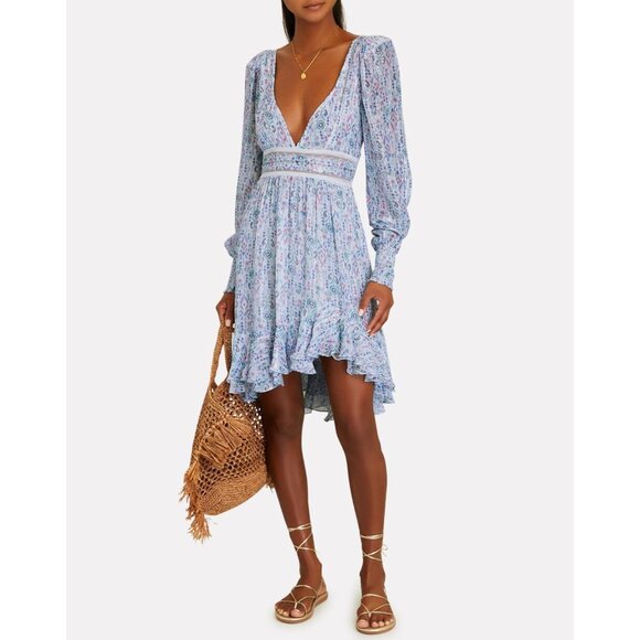 Rococo Sand Floral Lurex Chiffon Mini Dress Blue Multicolor Romantic Petite PP - Picture 4 of 14